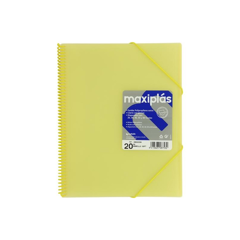 (39832094) GRAFOPLÁS CARPETA CON FUNDAS MAXIPLÁS ESPIRAL A4 20 FUNDAS C/SOBRE PP RÍGIDO TRANSLÚCIDO AMARILLO SOFT