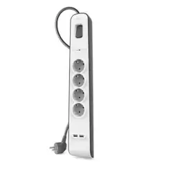 (BSV401VF2M-V2) BELKIN REGLETA DE PROTECCION CONTRA SOBRETENSIONES CON 4 TOMAS + 2 PUERTOS USB BOTÓN DE APAGADO Y ENCENDIDO 2...