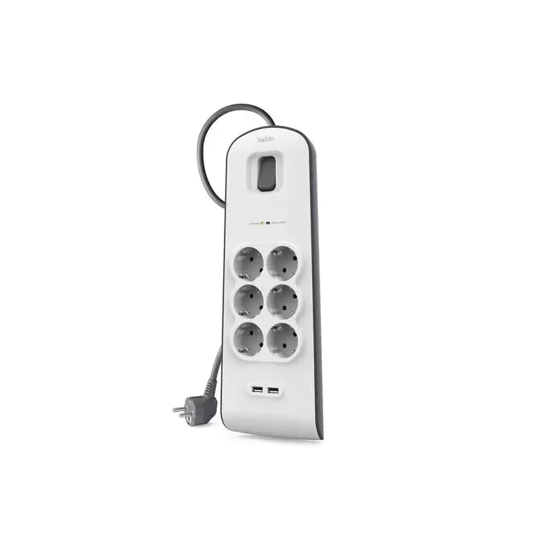 (BSV604VF2M) BELKIN REGLETA DE PROTECCION CONTRA SOBRETENSIONES CON 6 TOMAS + 2 PUERTOS USB BOTÓN DE APAGADO Y ENCENDIDO 2 ME...