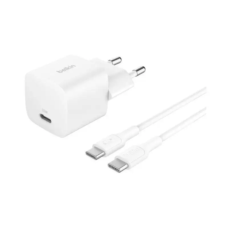 (WCA012KQ1MWH-B6) BELKIN CARGADOR PARED USB-C + CABLE USB-C A USB-C 25W BLANCO