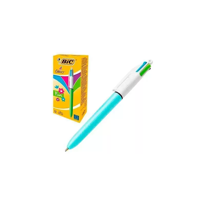 (982870) BIC BOLÍGRAFO 4 COLORES FUN PASTEL CUERPO BLANCO/AZUL CAJA 12 UD