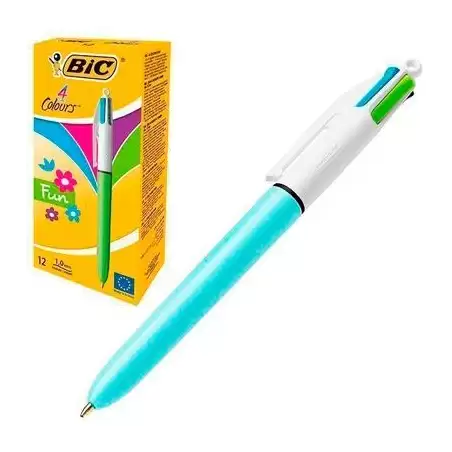 (982870) BIC BOLÍGRAFO 4 COLORES FUN PASTEL CUERPO BLANCO/AZUL CAJA 12 UD