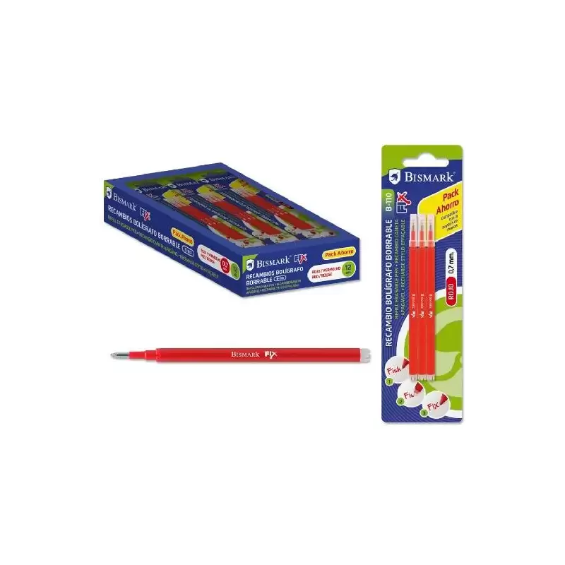 (327534) BISMARK RECAMBIO BOLÍGRAFO DE TINTA BORRABLE BLÍSTER DE 3 ROJO