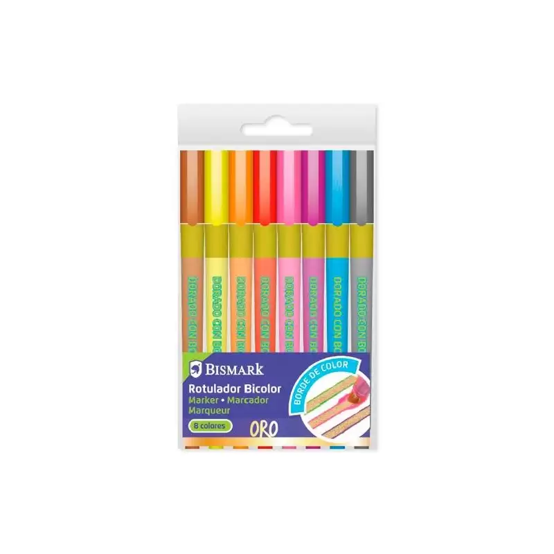 (330110) BISMARK ROTULADORES LETTERING BICOLOR ORO CON BORDE NEÓN-PASTEL C/SURTIDOS ESTUCHE 8 UD