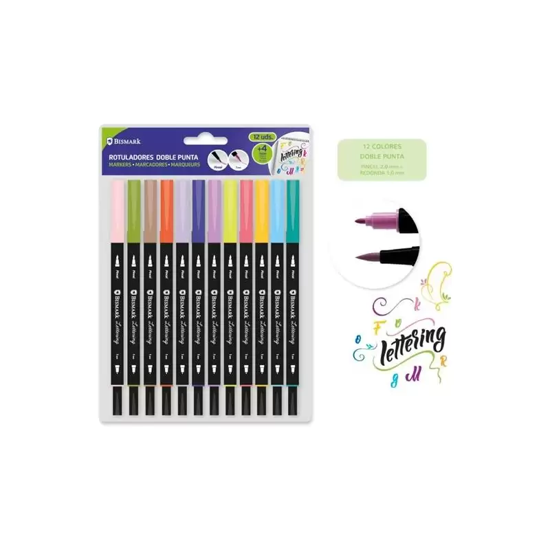 (330114) BISMARK ROTULADORES LETTERING DOBLE PUNTA FINA/PINCEL C/SURTIDOS ESTUCHE 12 UD