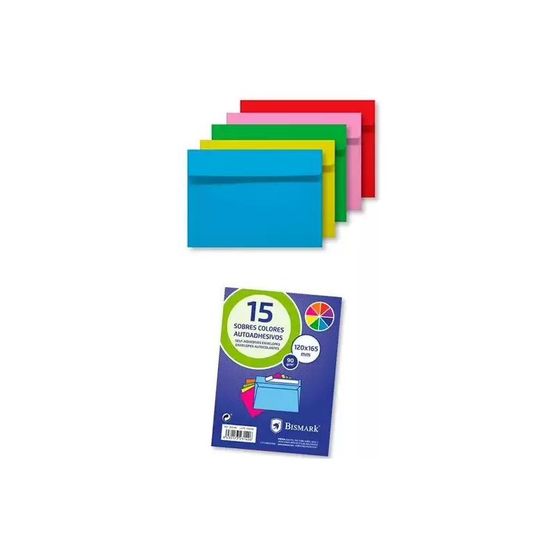 (323140) BISMARK SOBRE DE PAPEL AUTOADHESIVO 90GR 120X165MM COLORES 15 SOBRES SURTIDOS