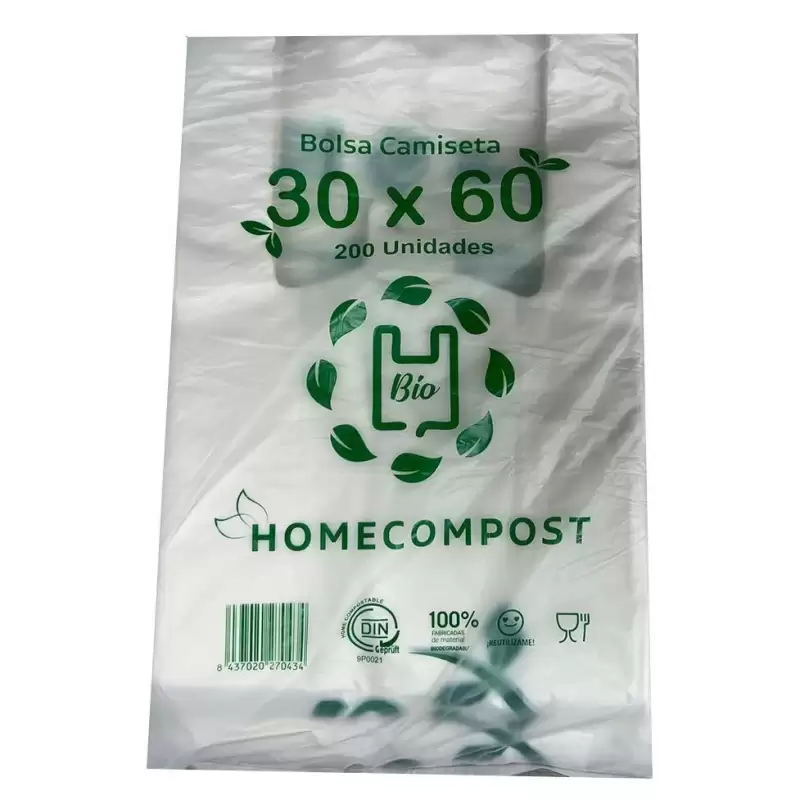 (70434) BOLSA DE CAMISETA 30X60CM COMPOSTABLE 14 MICRAS PAQUETE 200 UD