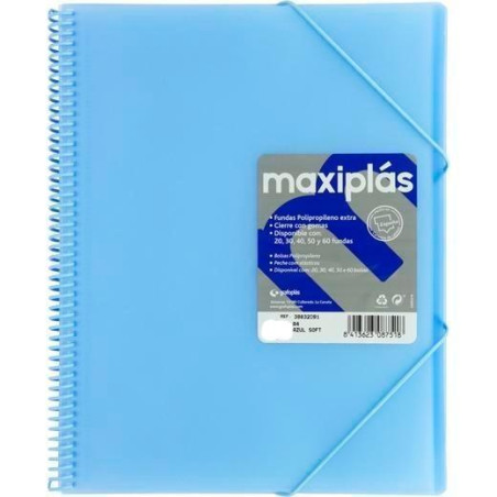 (39834091) GRAFOPLÁS CARPETA CON FUNDAS MAXIPLÁS ESPIRAL A4 40 FUNDAS C/SOBRE PP RÍGIDO TRANSLÚCIDO AZUL SOFT