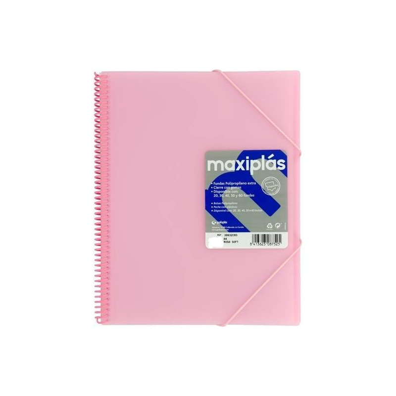 (39834093) GRAFOPLÁS CARPETA CON FUNDAS MAXIPLÁS ESPIRAL A4 40 FUNDAS C/SOBRE PP RÍGIDO TRANSLÚCIDO ROSA SOFT