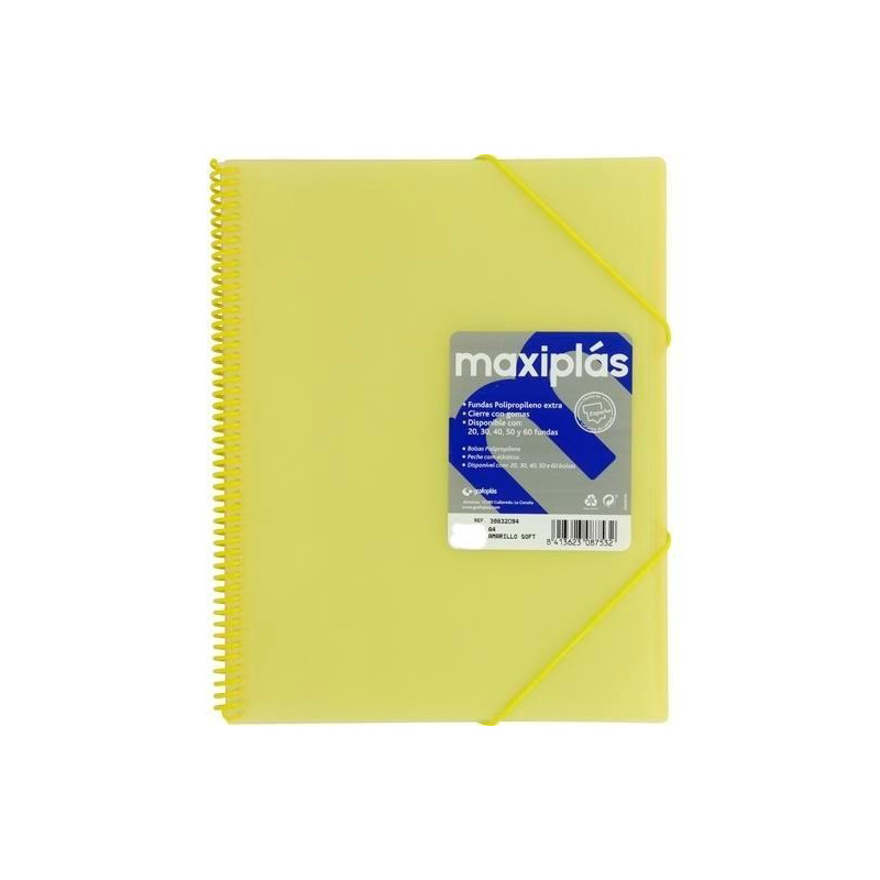 (39834094) GRAFOPLÁS CARPETA CON FUNDAS MAXIPLÁS ESPIRAL A4 40 FUNDAS C/SOBRE PP RÍGIDO TRANSLÚCIDO AMARILLO SOFT