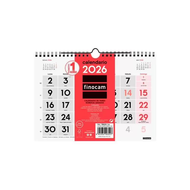(780200026) FINOCAM CALENDARIO DE PARED NÚMEROS GRANDES S-210X150MM MV NEUTRO 2026