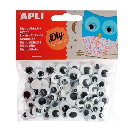 (13263) APLI OJOS MÓVILES NEGROS REDONDOS ADHESIVOS TAMAÑOS SURTIDOS -BOLSA 100U-