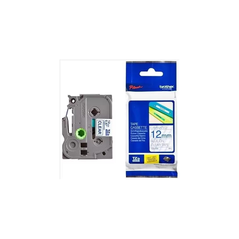(TZE133) BROTHER CINTA ROTULADORA LAMINADA TEXTO AZUL SOBRE TRANSPARENTE - 12MMX8M