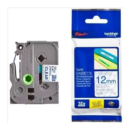 (TZE133) BROTHER CINTA ROTULADORA LAMINADA TEXTO AZUL SOBRE TRANSPARENTE - 12MMX8M