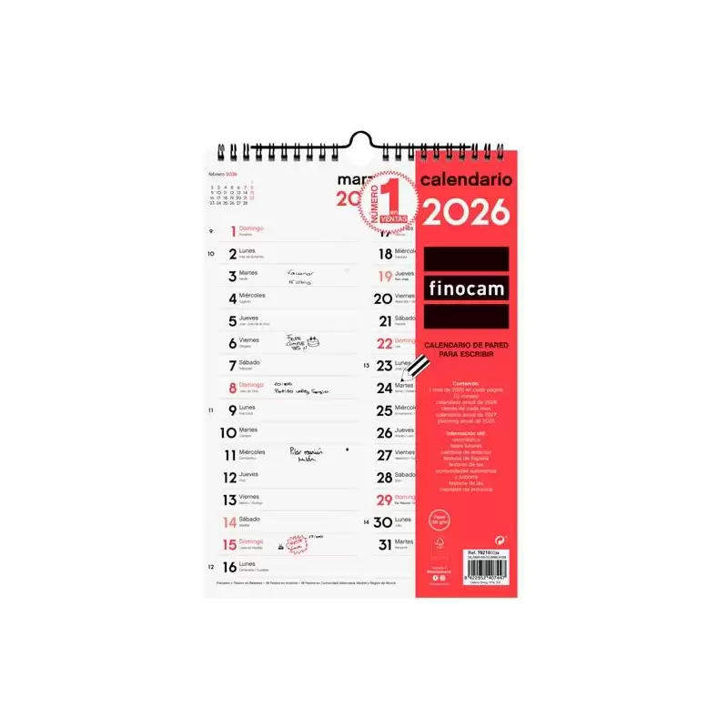 (782100026) FINOCAM CALENDARIO DE PARED PARA ESCRIBIR DOS COLUMNAS M-210X300MM MV NEUTRO 2026