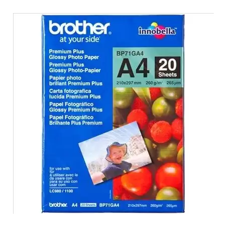 (BP71GA4) BROTHER PAPEL FOTOGRÁFICO GLOSSY PREMIUM A4 260GR INKJET PAQUETE 20H BLANCO BRILLO