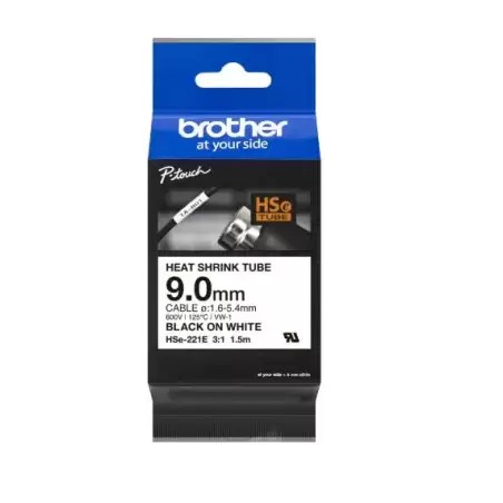(HSE221E) BROTHER CINTA TUBO TERMORRETRACTIL TEXTO NEGRO SOBRE BLANCO DE 9MMX1