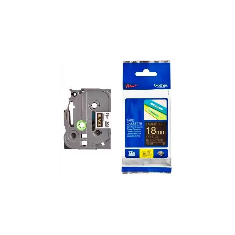 (TZE344) BROTHER CINTA ROTULADORA LAMINADA TEXTO DORADO SOBRE NEGRO - 18MMX8M