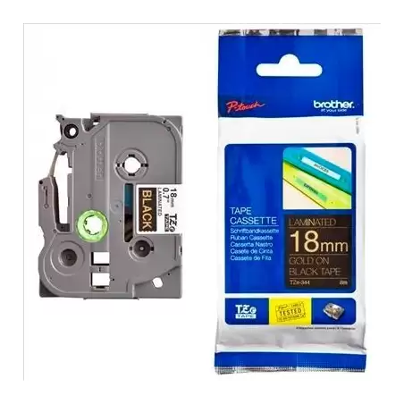 (TZE344) BROTHER CINTA ROTULADORA LAMINADA TEXTO DORADO SOBRE NEGRO - 18MMX8M
