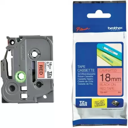(TZE441) BROTHER CINTA ROTULADORA LAMINADA TEXTO NEGRO SOBRE ROJO - 18MMX8M