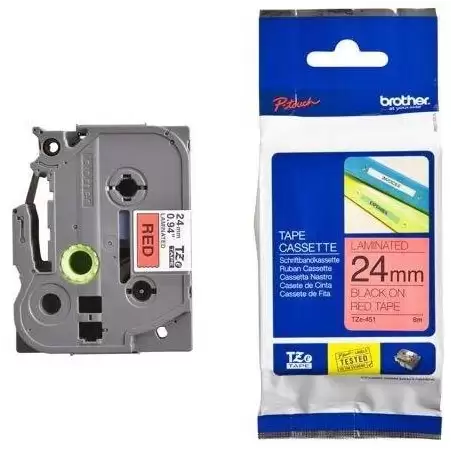(TZE451) BROTHER CINTA ROTULADORA LAMINADA TEXTO NEGRO SOBRE ROJO - 24MMX8M