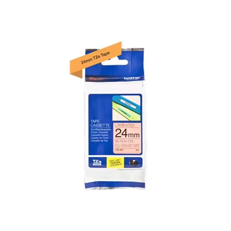 (TZEB51) BROTHER CINTA ROTULADORA LAMINADA TEXTO NEGRO SOBRE NARANJA FLUOR - 24MMX5M
