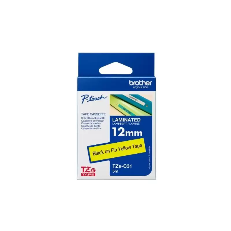 (TZEC31) BROTHER CINTA ROTULADORA LAMINADA NEGRO SOBRE AMARILLO FLUOR - 12MMX5M