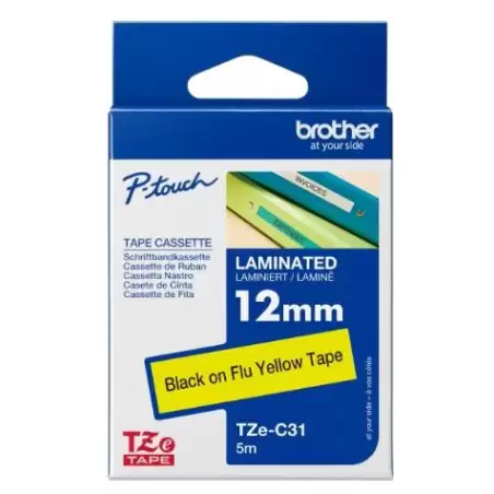 (TZEC31) BROTHER CINTA ROTULADORA LAMINADA NEGRO SOBRE AMARILLO FLUOR - 12MMX5M