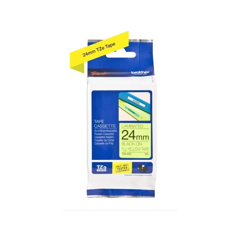 (TZEC51) BROTHER CINTA ROTULADORA LAMINADA NEGRO SOBRE FONDO AMARILLO FLUOR - 24MMX5M