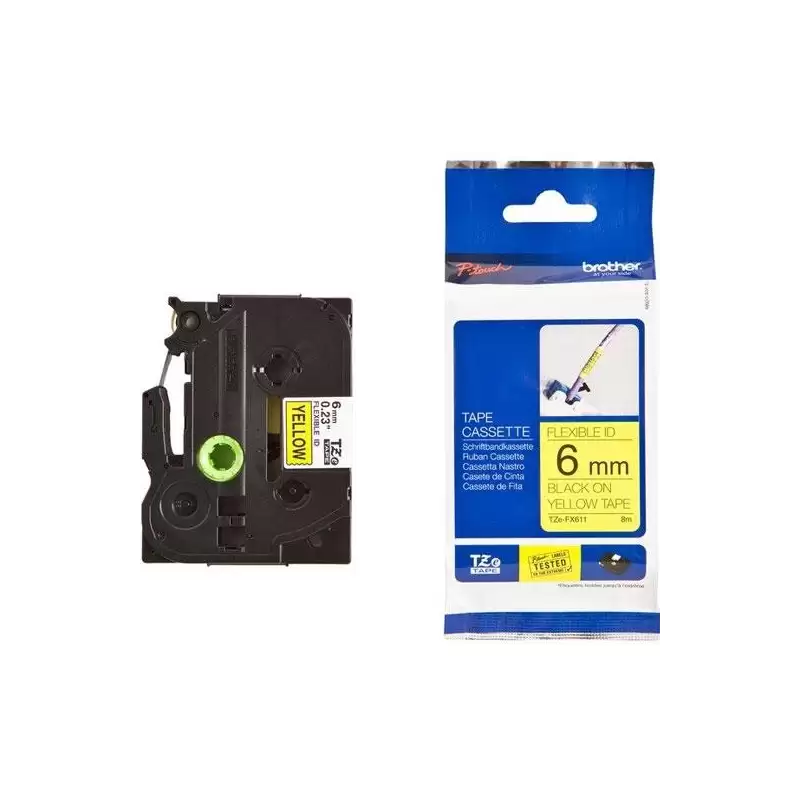 (TZEFX611) BROTHER CINTA ROTULADORA LAMINADA FLEXIBLE TEXTO NEGRO SOBRE AMARILLO - 6MMX8M
