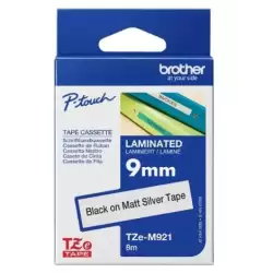 (TZEM921) BROTHER CINTA ROTULADORA LAMINADA METALICA TEXTO NEGRO SOBRE PLATA MATE - 9MMX8M