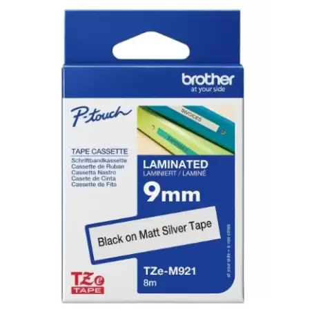 (TZEM921) BROTHER CINTA ROTULADORA LAMINADA METALICA TEXTO NEGRO SOBRE PLATA MATE - 9MMX8M