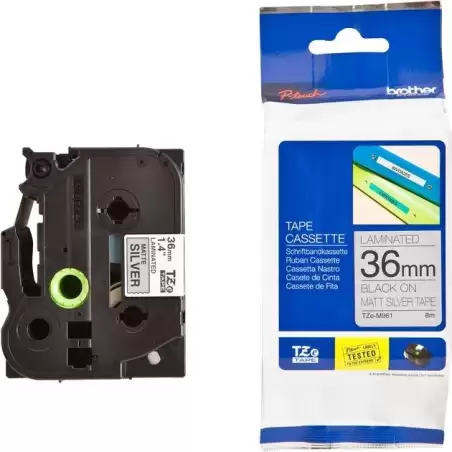 (TZEM961) BROTHER CINTA ROTULADORA LAMINADA TEXTO NEGRO SOBRE PLATA MATE - 36MMX8M