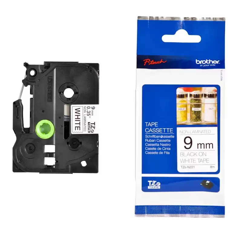 (TZEN221) BROTHER CINTA ROTULADORA NO LAMINADA TEXTO NEGRO SOBRE BLANCO - 9MMX8M