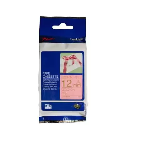 (TZERE34) BROTHER CINTA ROTULADORA TELA SATINADA NO ADHESIVO TEXTO DORADO SOBRE TEJIDO ROSA - 12MMX4M