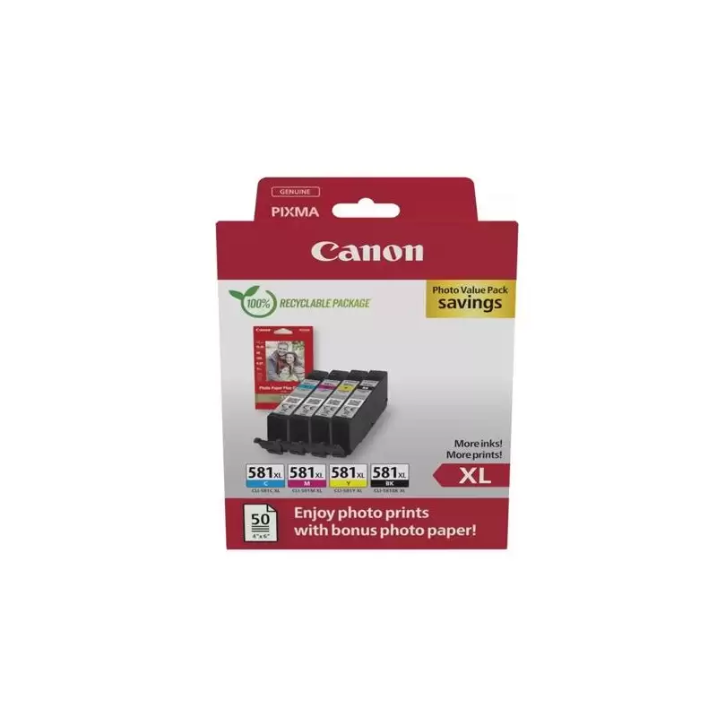 (2052C006) CANON TINTA ECOPACK BK+C/M/Y + 50H PAPEL FOTOGRAFICO - PIXMA TS 615X/815X/915X - TR 755X/855X - CLI 581XL (PACK 4 ...