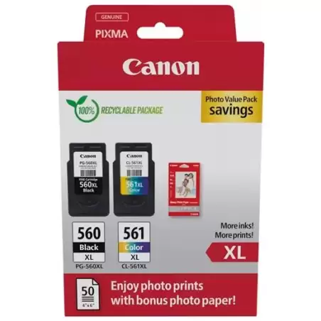 (3712C008) CANON TINTA ECOPACK BK+ C/M/Y + 50H PAPEL FOTOGRÁFICO 10X15 PARA PIXMA TS 5350/5351/5352/5353/7450 - PG 560XL + CL...