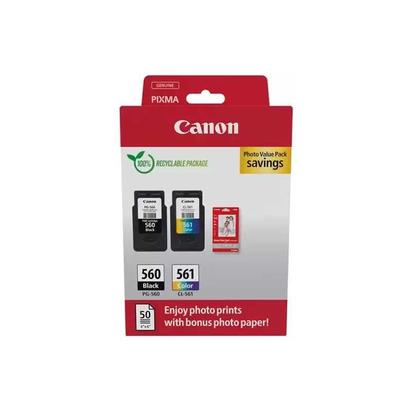 (3713C008) CANON TINTA ECOPACK BK+C/M/Y + 50H PAPEL FOTOGRÁFICO 10X15 BRILLANTE GP 501 PIXMA TS 5350/5350A/5350I/5351/5351A -...