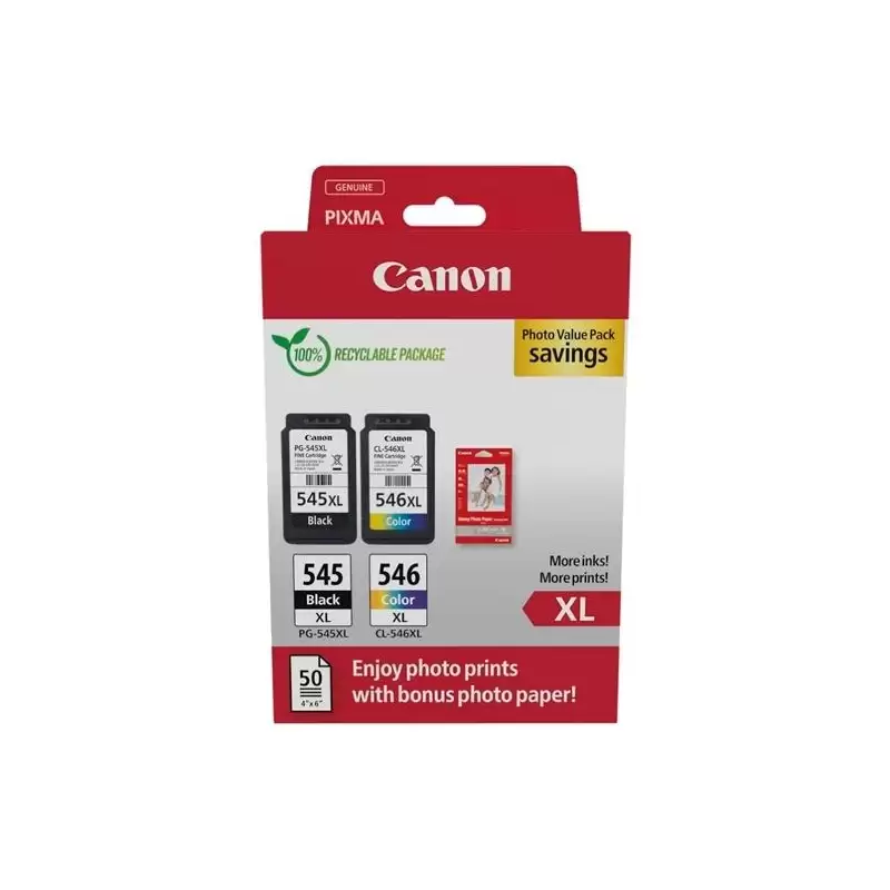 (8286B011) CANON TINTA ECOPACK BK+ C/M/Y + 50H PAPEL FOTOGRÁFICO 10X15 PARA PIXMA TR 4551/4650/4651 - TS 3350/3351/3352/3355/...