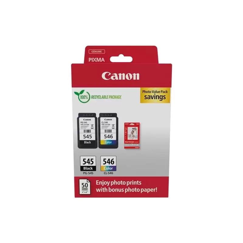 (8287B008) CANON TINTA ECOPACK BK+ C / M / Y + 50H PAPEL FOTOGRÁFICO 10X15 PARA PIXMA IP 2850 - MG 2450/2550 - TR 4550/4551 -...