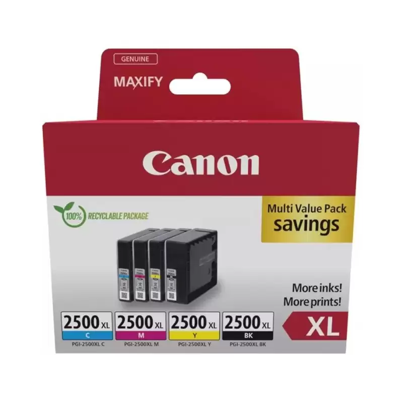 (9254B010) CANON TINTA ECOPACK BK+C/M/Y MAXIFI IB 4050/4150 - MB 5050/5150/5155/5350/5450/5455 (PACK 4 COLORES) - PGI 2500XL