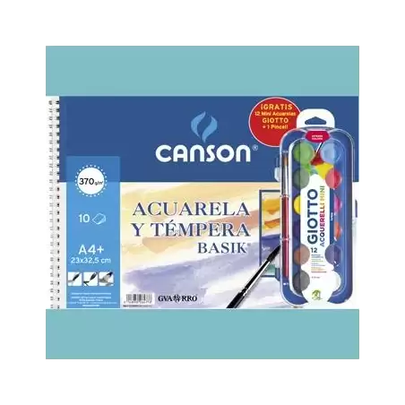 (C32500K012) CANSON BLOC ACUARELA Y TÉMPERA BASIK ESPIRAL 10 HOJAS + 12 ACUERLAS MINI + PINCEL GRATIS 370GR 23X32