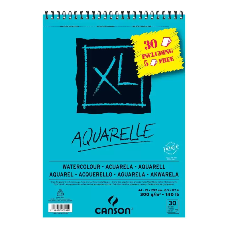 (C400110016) CANSON BLOC ACUARELA AQUARELLE FINO XL ESPIRAL 25 + 5(GRATIS) HOJAS 300GR 21X29
