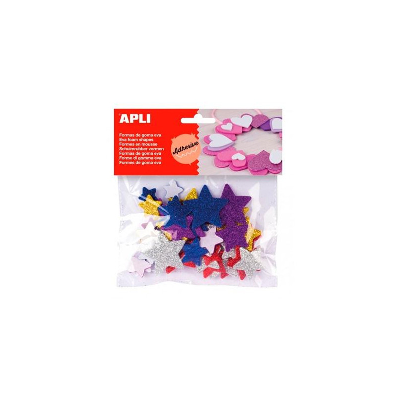 (13485) APLI FORMAS GOMA EVA ADHESIVAS ESTRELLAS CON PURPURINA METALIZADA COLORES SURTIDOS -50U-