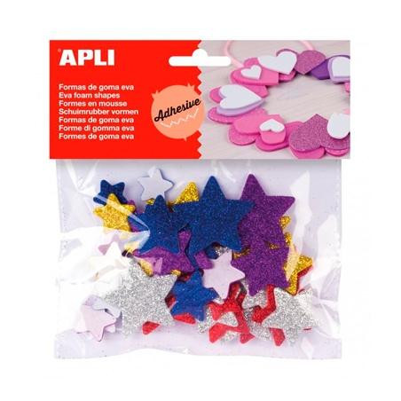 (13485) APLI FORMAS GOMA EVA ADHESIVAS ESTRELLAS CON PURPURINA METALIZADA COLORES SURTIDOS -50U-