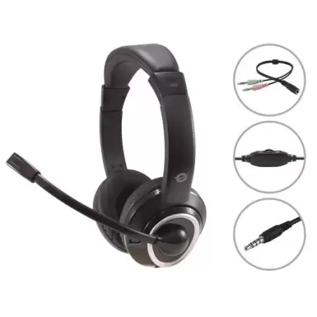(POLONA02BA) CONCEPTRONIC AURICULARES JACK 3.5 MM MICROFONO FLEXIBLE CONTROL VOLUMEN INCLUYE ADAPTADOR 1 A 2 JACKS 3.5 MM NEGRO