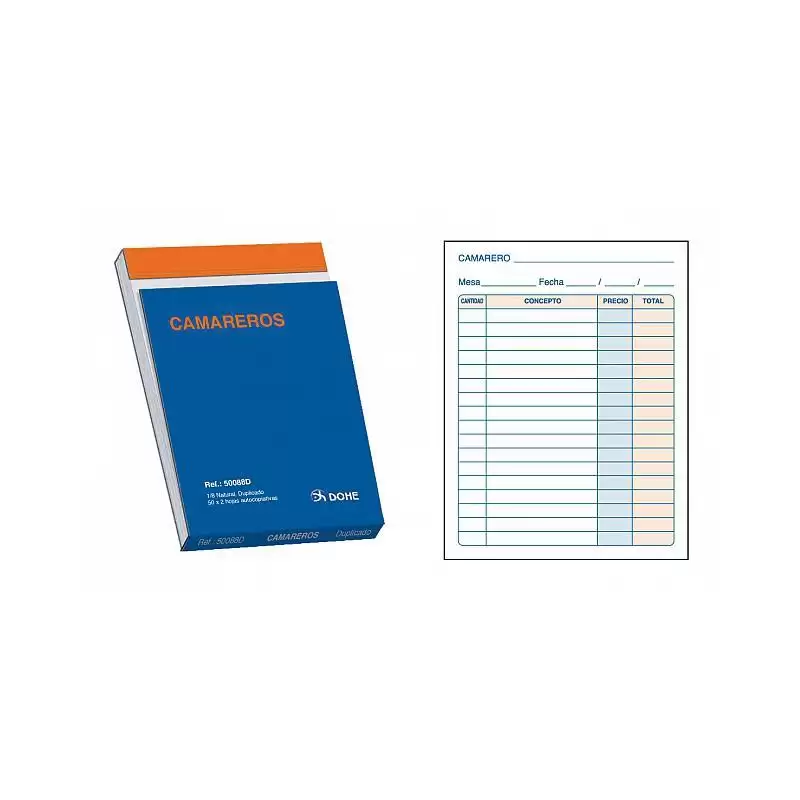 (50088D) DOHE TALONARIO CAMAREROS OCTAVO NATURAL DUPLICADO AUTOCOPIATIVO -10U-