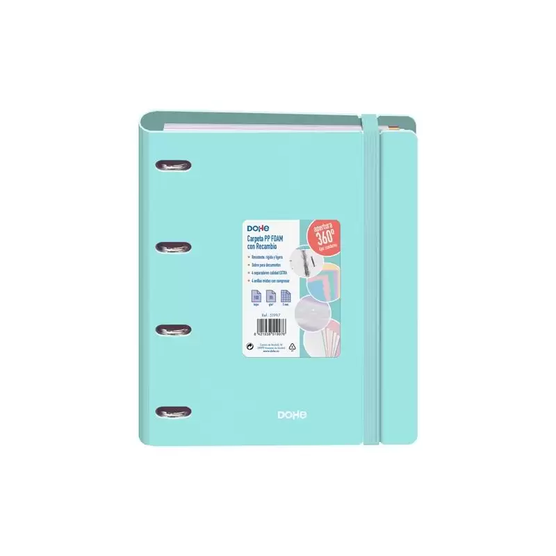 (51997) DOHE CARPETA ANILLAS MIXTAS 4X35MM RECAMBIO A4 100H 5X5MM 90GR 4 SEPARADORES POLYFOAM VERDE PASTEL