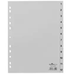 (651210) DURABLE ÍNDICES PP CON PESTAÑAS IMPRESAS DIVISIÓN NUMÉRICA 1-12 VERTICAL A4 GRIS