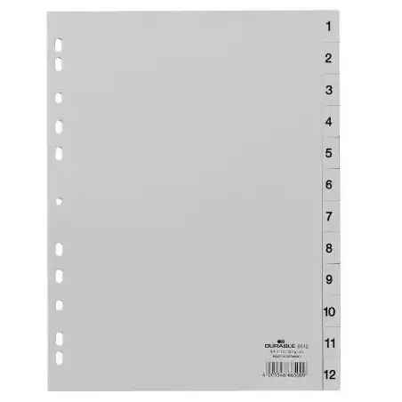 (651210) DURABLE ÍNDICES PP CON PESTAÑAS IMPRESAS DIVISIÓN NUMÉRICA 1-12 VERTICAL A4 GRIS